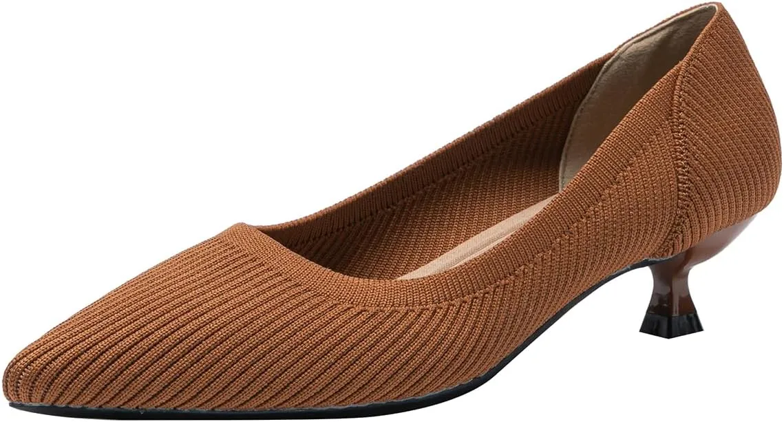 Women's Kitten Heels Pointed Toe Knit Pumps Slip On Foldable Comfortable Casual Formal Dress Shoes
