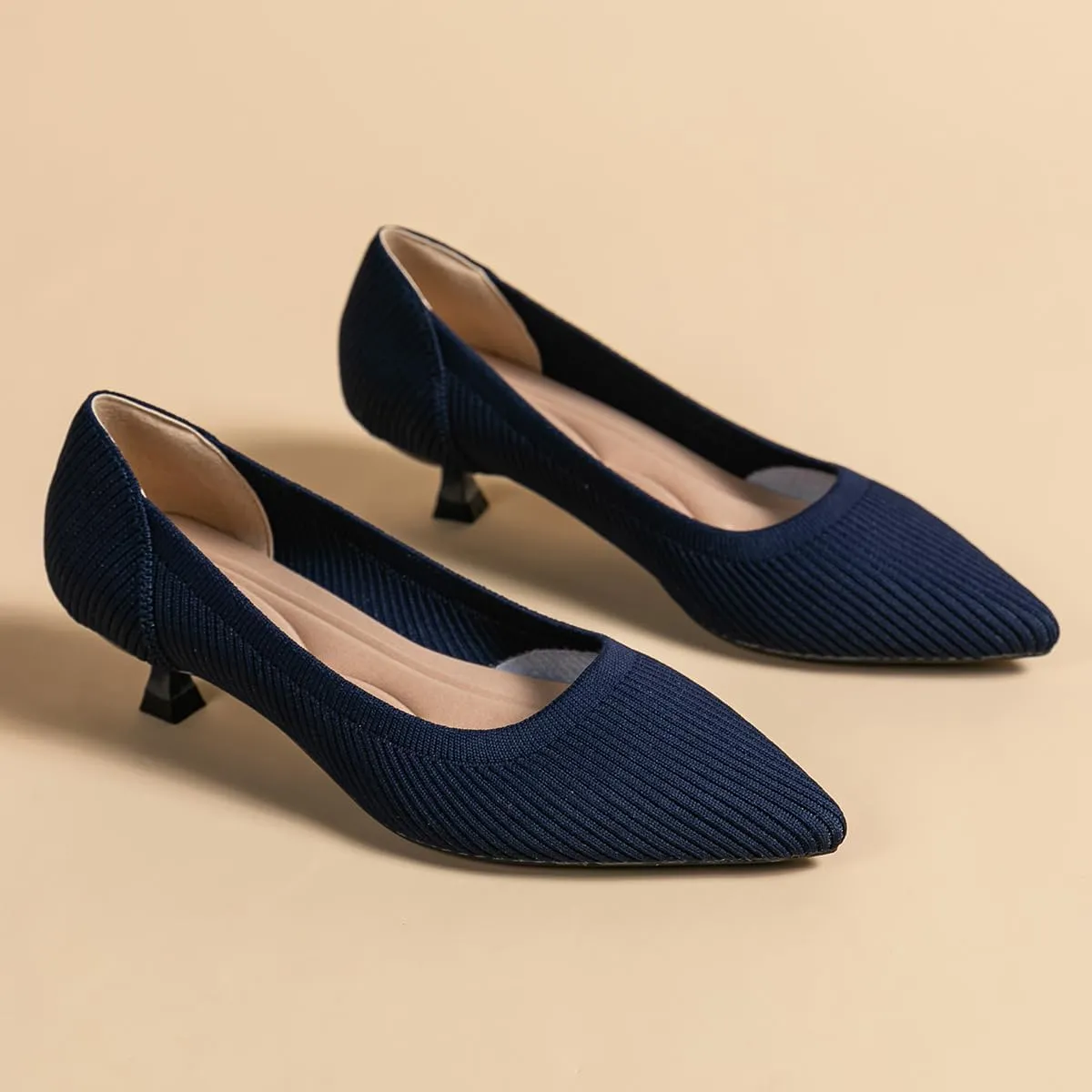 Women's Kitten Heels Pointed Toe Knit Pumps Slip On Foldable Comfortable Casual Formal Dress Shoes
