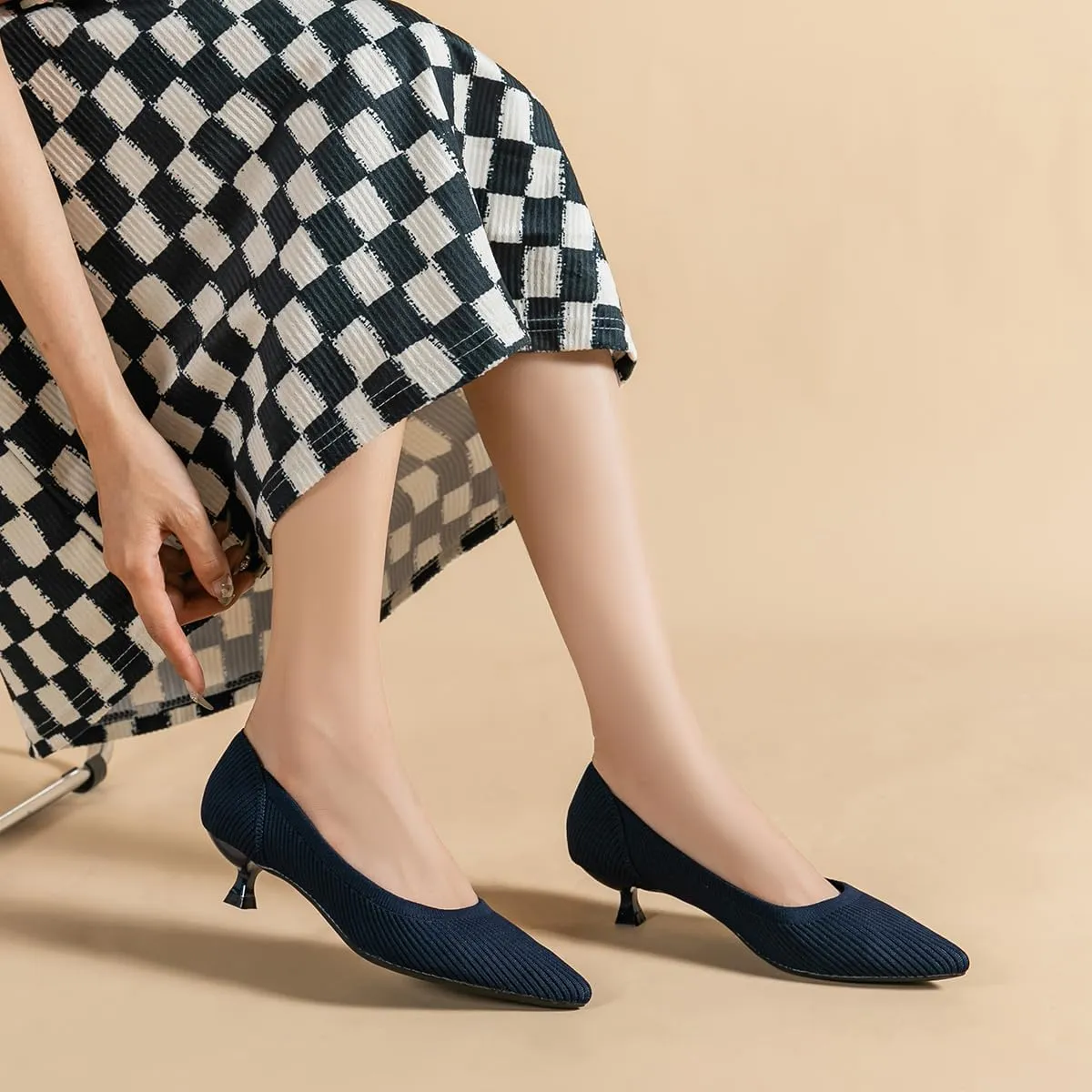 Women's Kitten Heels Pointed Toe Knit Pumps Slip On Foldable Comfortable Casual Formal Dress Shoes