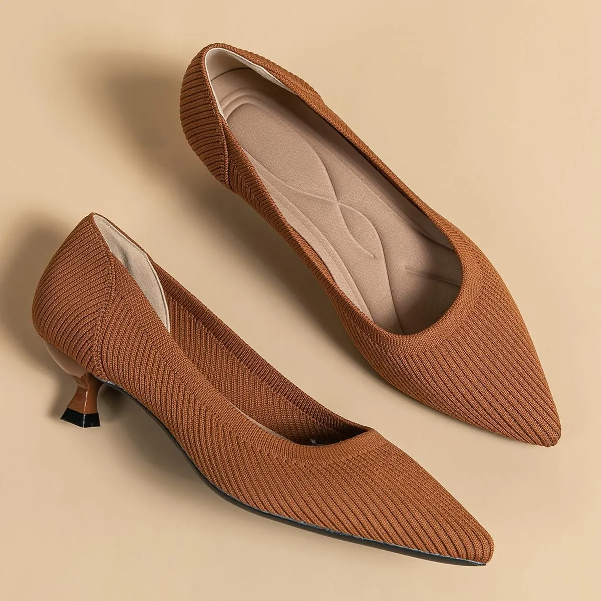 Women's Kitten Heels Pointed Toe Knit Pumps Slip On Foldable Comfortable Casual Formal Dress Shoes