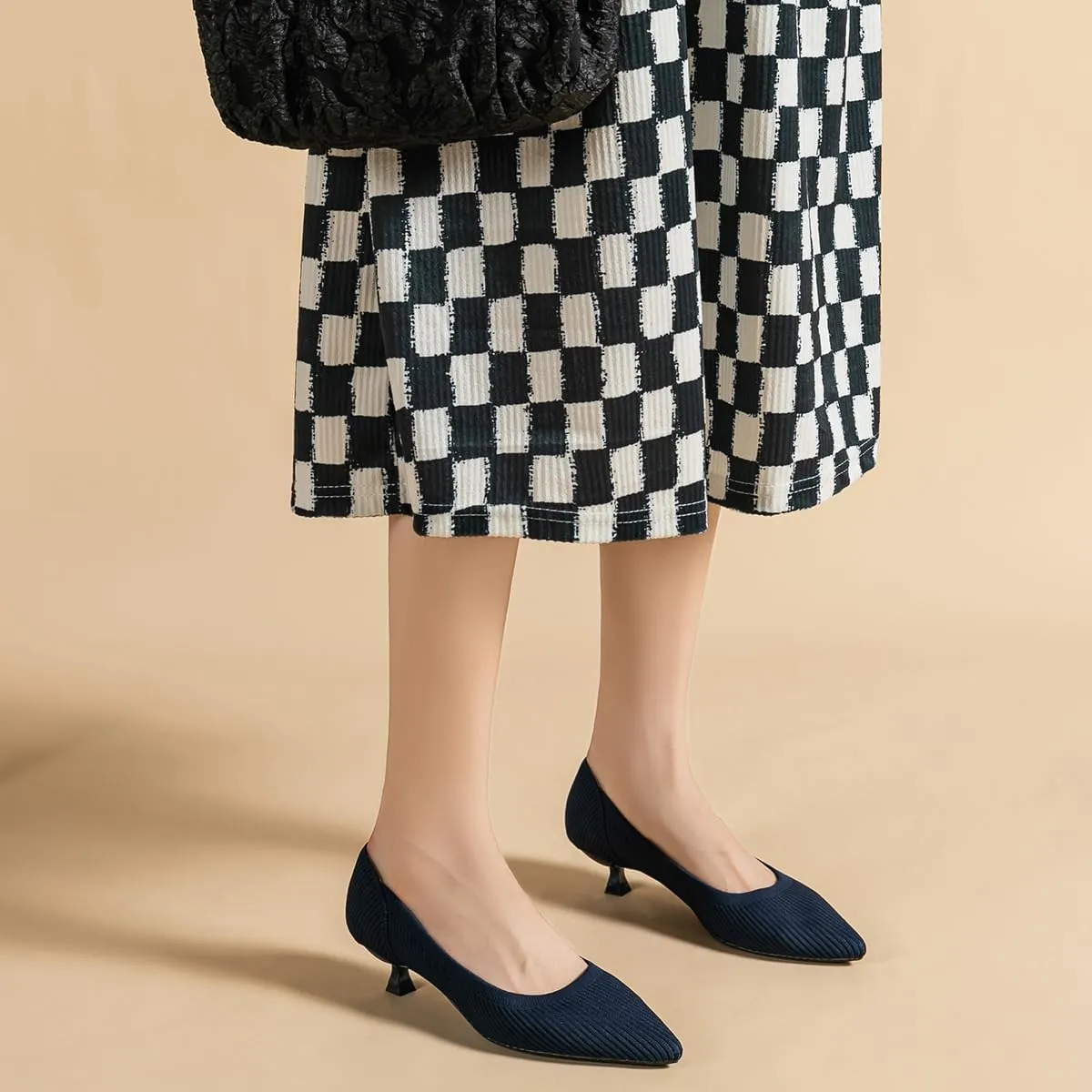 Women's Kitten Heels Pointed Toe Knit Pumps Slip On Foldable Comfortable Casual Formal Dress Shoes