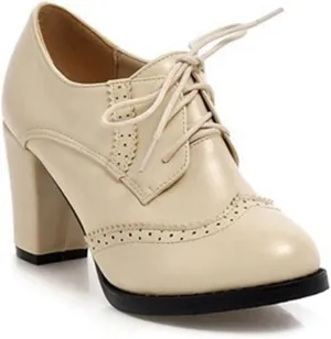 Women's Lace Up Wingtip Oxford Pump Vintage Perforated Chunky Platform High Heel Brogues Dress Shoes
