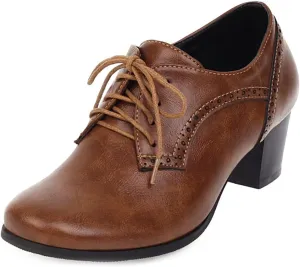Women's Lace Up Wingtip Oxfords Pumps Block Mid Heel Round Toe Perforated Vintage Brogues Dress Shoes