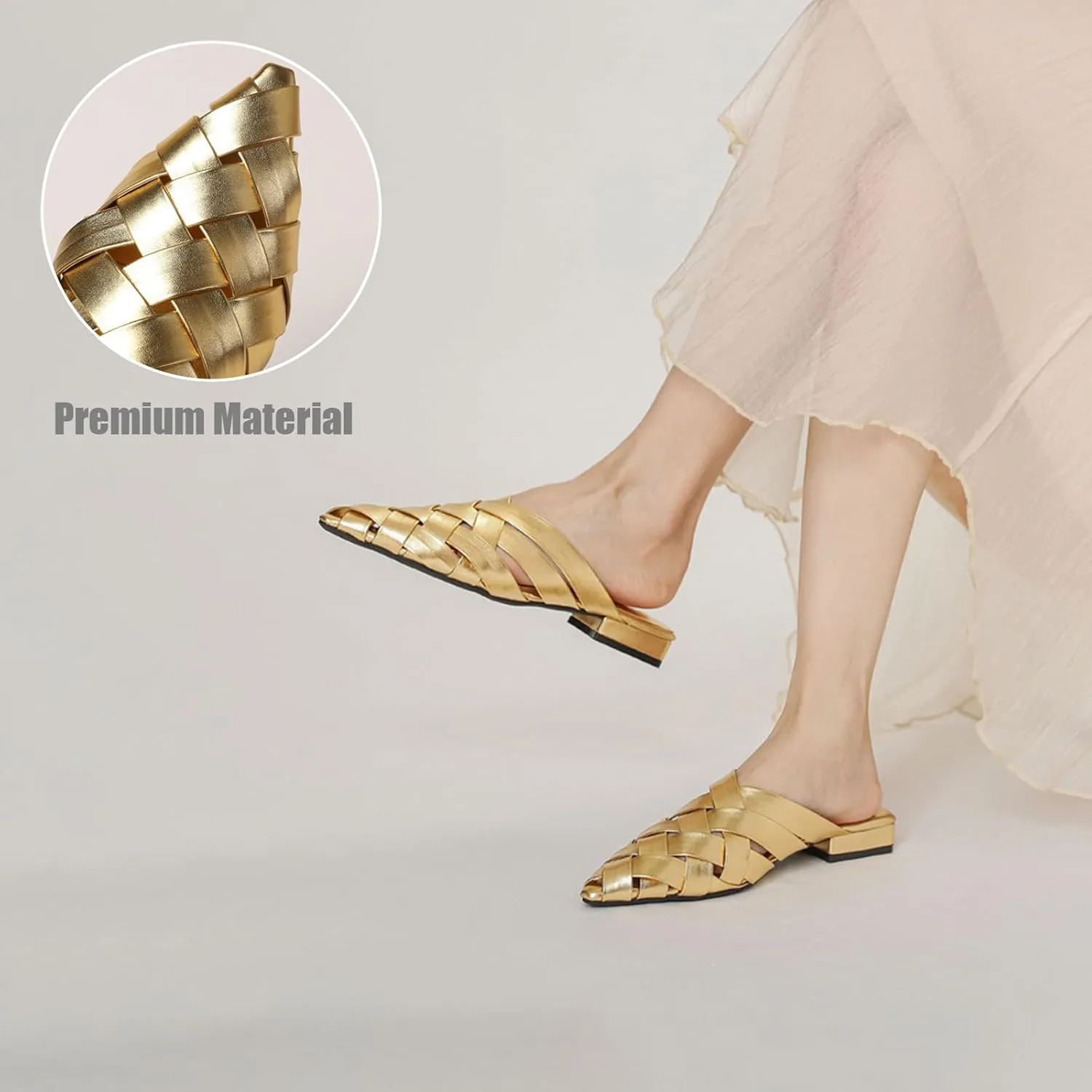 Women's Leather Braided Chunky Low Heel Backless Caged Slippers Sandals Vogue Hollow Point Close Toe Block Heel Slingback Slip-On Mule Slides For Leisure Walking Shopping Daily