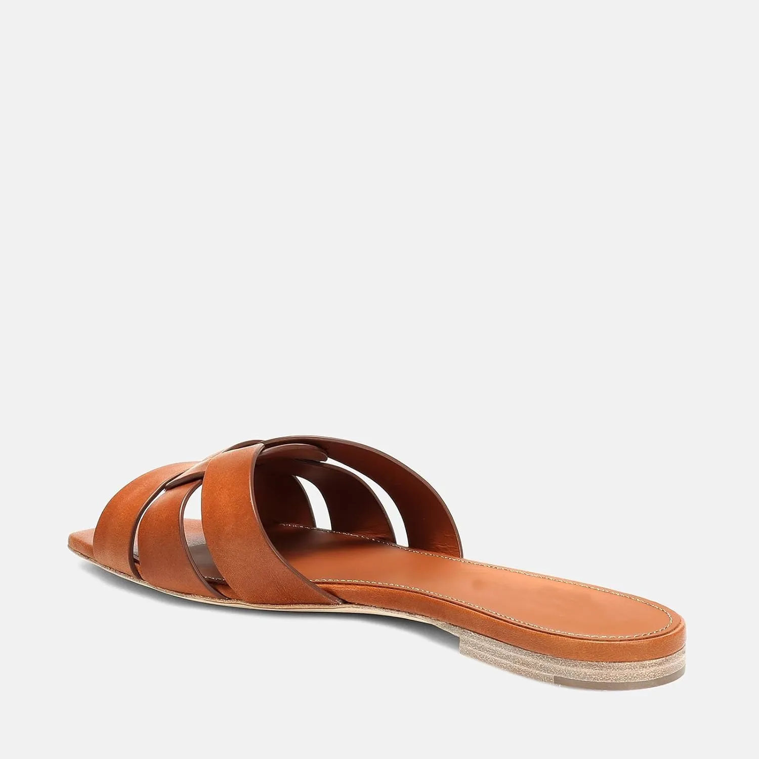 Women's Leather Flat Sandals Square Open Toe Woven Straps Slides Comfortable Slip on Slippers Casual Summer Dressy Beach Slide Sandal for Women