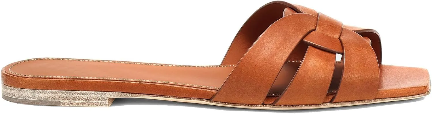 Women's Leather Flat Sandals Square Open Toe Woven Straps Slides Comfortable Slip on Slippers Casual Summer Dressy Beach Slide Sandal for Women
