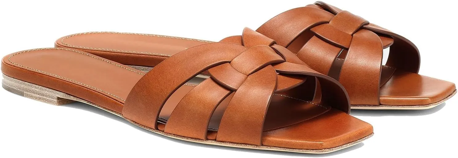 Women's Leather Flat Sandals Square Open Toe Woven Straps Slides Comfortable Slip on Slippers Casual Summer Dressy Beach Slide Sandal for Women