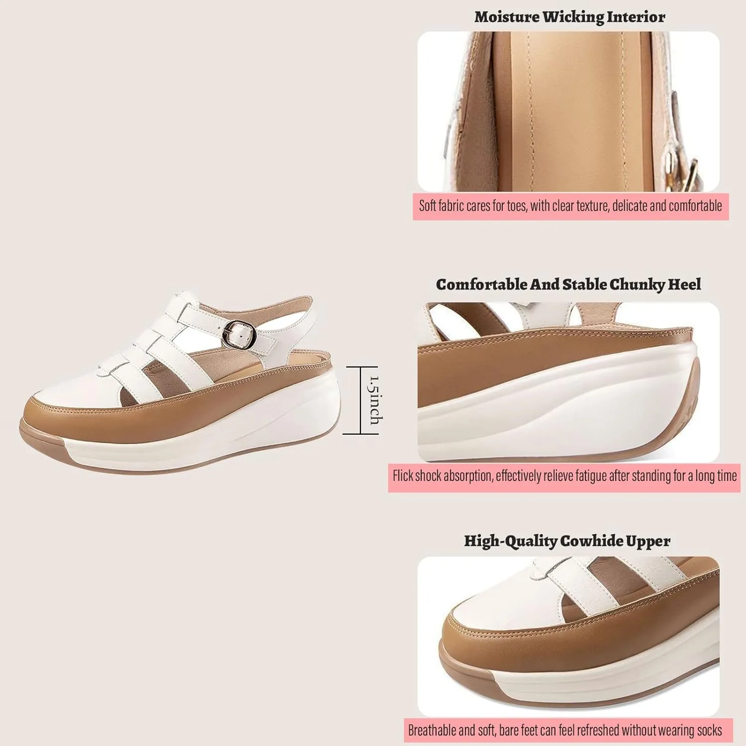 Women's Leather Roman Sandals,Adjustable Ankle Strap Soft Sole Damping Increase Height Wedge Baotou Casual Sandals