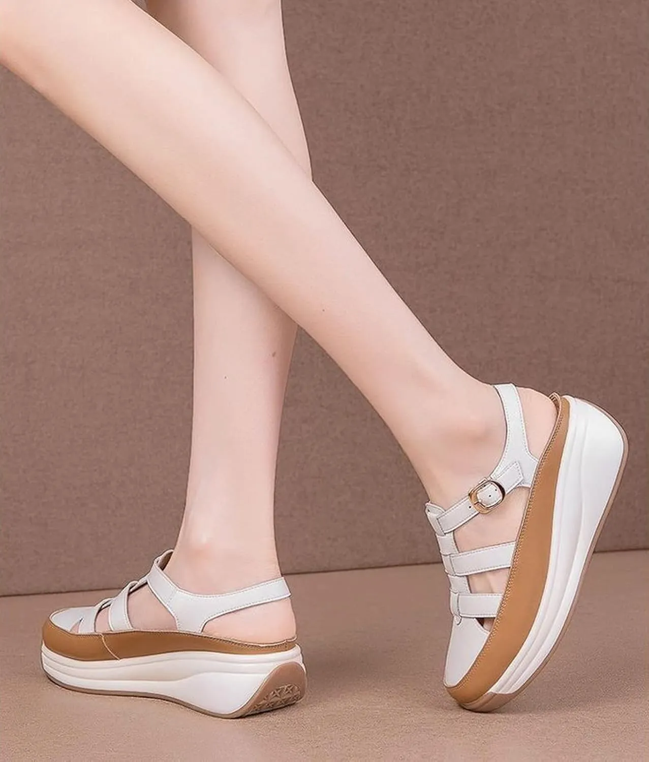 Women's Leather Roman Sandals,Adjustable Ankle Strap Soft Sole Damping Increase Height Wedge Baotou Casual Sandals