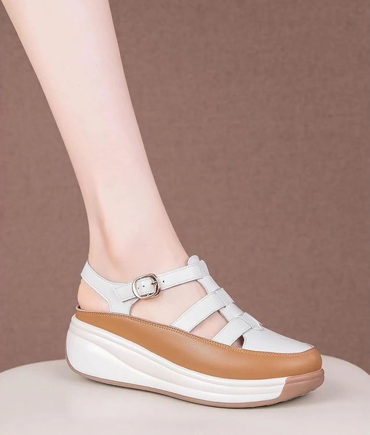 Women's Leather Roman Sandals,Adjustable Ankle Strap Soft Sole Damping Increase Height Wedge Baotou Casual Sandals