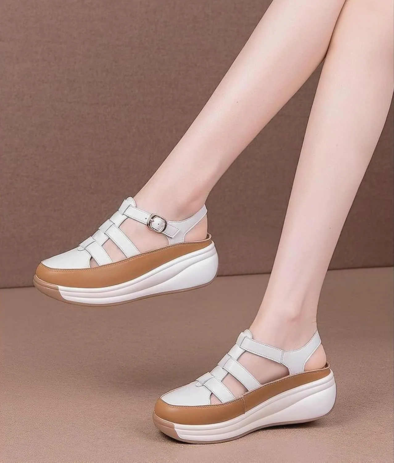 Women's Leather Roman Sandals,Adjustable Ankle Strap Soft Sole Damping Increase Height Wedge Baotou Casual Sandals