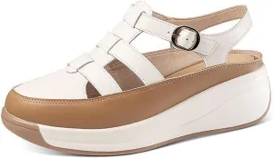 Women's Leather Roman Sandals,Adjustable Ankle Strap Soft Sole Damping Increase Height Wedge Baotou Casual Sandals