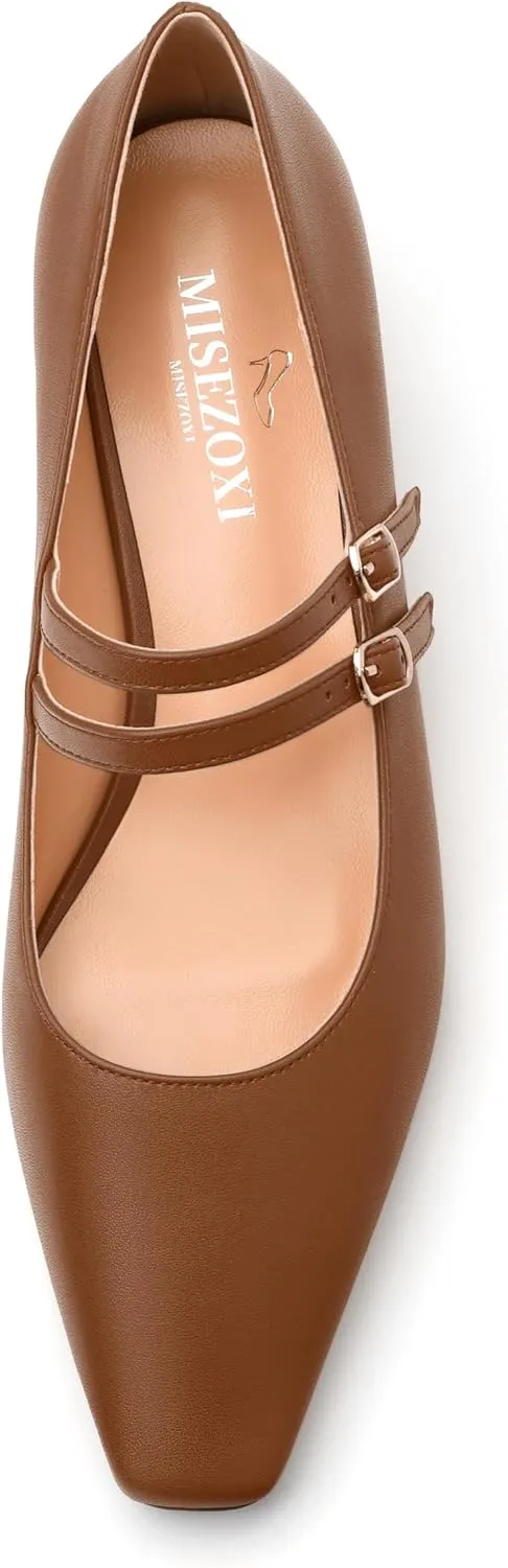 Womens Mary Jane Pumps, Small Square Toe Low Chunky Heel Pump Shoes for Women, Comfort Mary Jane Daily Pumps with Two Straps 1.3"