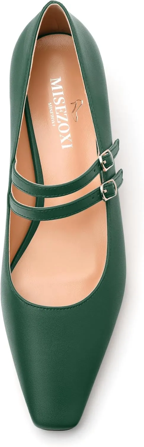 Womens Mary Jane Pumps, Small Square Toe Low Chunky Heel Pump Shoes for Women, Comfort Mary Jane Daily Pumps with Two Straps 1.3"