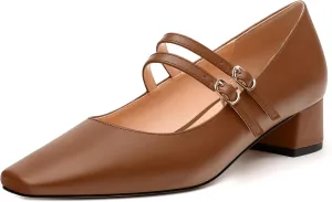 Womens Mary Jane Pumps, Small Square Toe Low Chunky Heel Pump Shoes for Women, Comfort Mary Jane Daily Pumps with Two Straps 1.3"