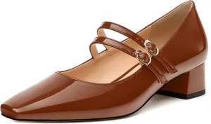 Womens Mary Jane Pumps, Square Toe Low Block Heel Pump Shoes for Women, Daily Comfort Mary Jane Pumps with Two Straps 1.3"