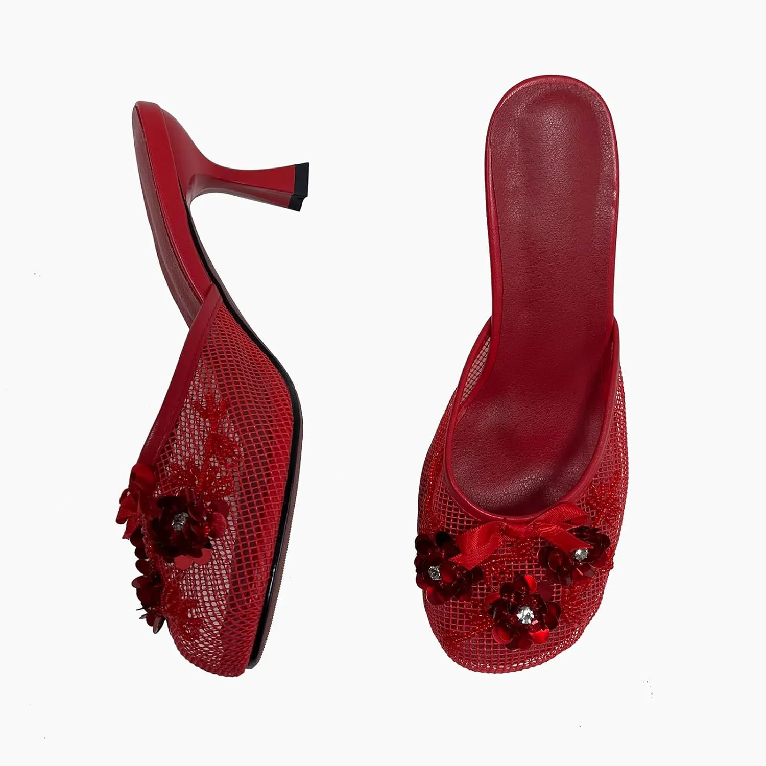 Women's Mesh Mule Slip On Sandals With Floral Sequin Embellishments Round Toe Middle Heel Slides Slippers 2.5 Inch