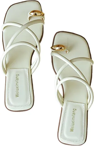 Women's Metal Toe Ring Strappy Flat Sandals Square Open Toe Comfortable Slip-On Low Heel Slide Sandals Summer Fashion Casual Beach Slipper