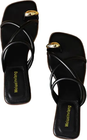 Women's Metal Toe Ring Strappy Flat Sandals Square Open Toe Comfortable Slip-On Low Heel Slide Sandals Summer Fashion Casual Beach Slipper