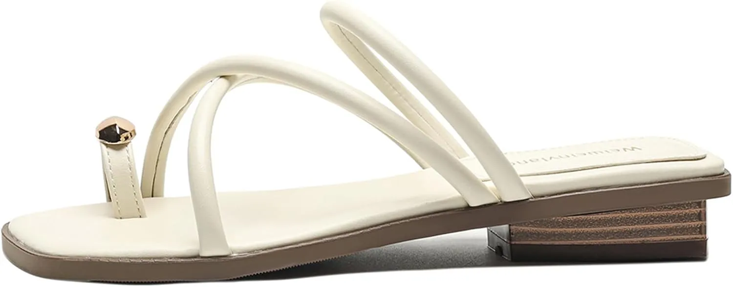 Women's Metal Toe Ring Strappy Flat Sandals Square Open Toe Comfortable Slip-On Low Heel Slide Sandals Summer Fashion Casual Beach Slipper
