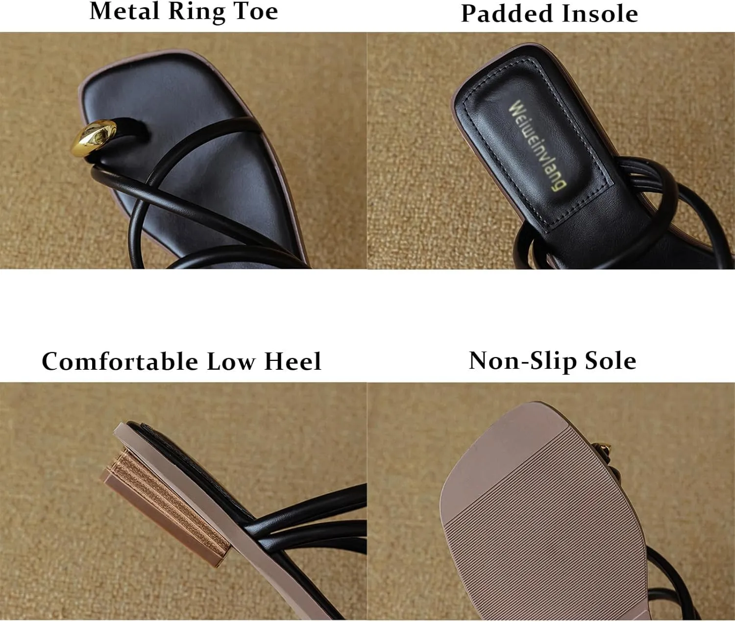 Women's Metal Toe Ring Strappy Flat Sandals Square Open Toe Comfortable Slip-On Low Heel Slide Sandals Summer Fashion Casual Beach Slipper