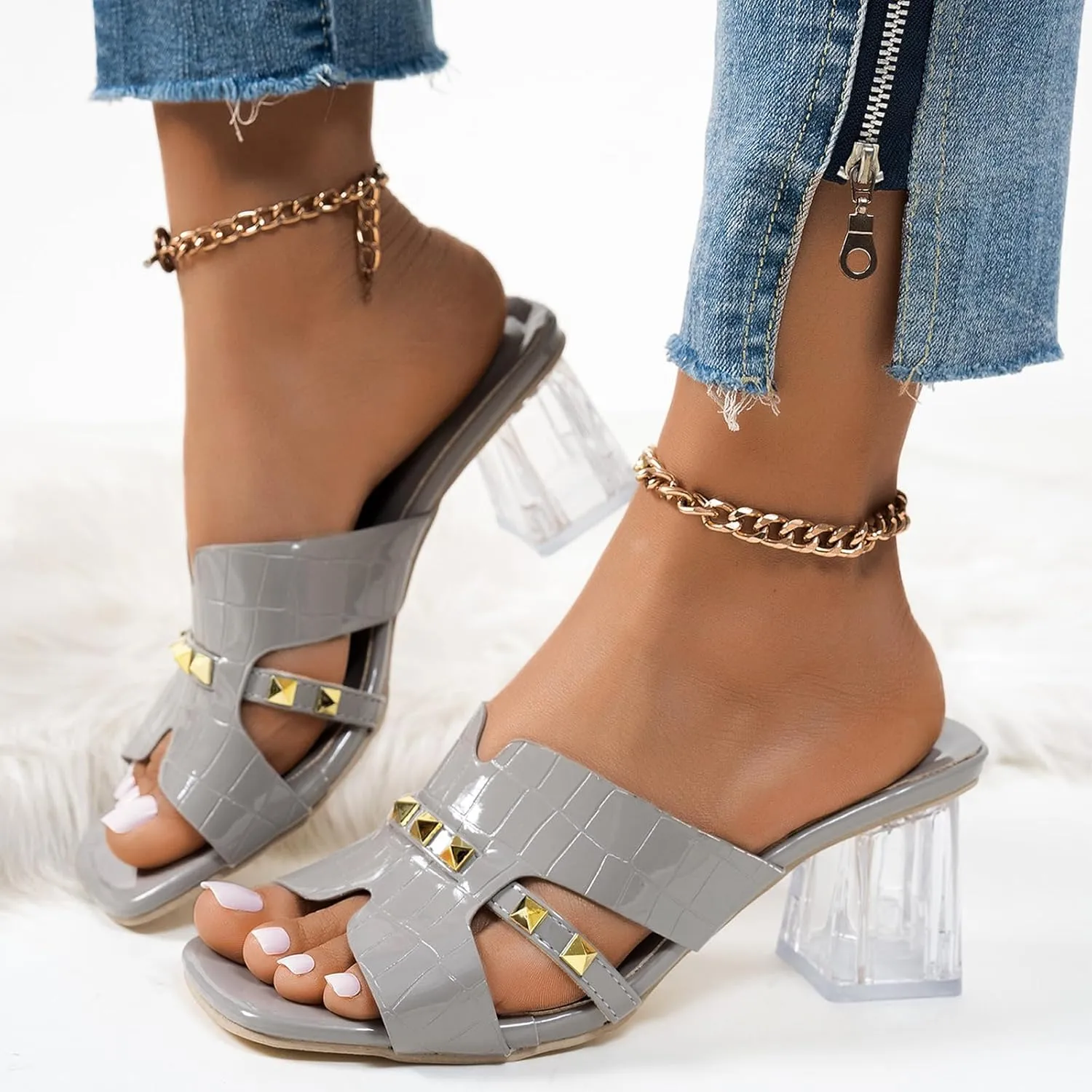 Women's Open Toe Rivet Chunky Heel Slides Sandals Fashion Square Toe Slip On Clear Block Heel Mule Sandals Dressy Party Dress Summer Slippers