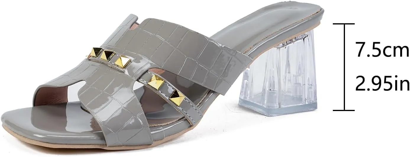Women's Open Toe Rivet Chunky Heel Slides Sandals Fashion Square Toe Slip On Clear Block Heel Mule Sandals Dressy Party Dress Summer Slippers