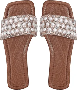 Women's Pearl Rhinestone Flat Sandals Leather Square Open Toe Slide Slippers