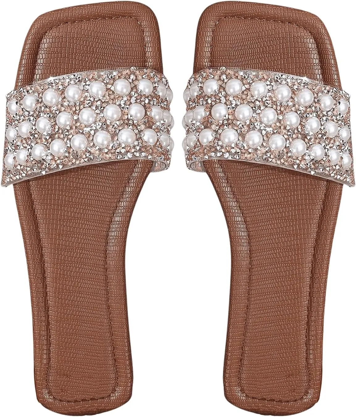 Women's Pearl Rhinestone Flat Sandals Leather Square Open Toe Slide Slippers