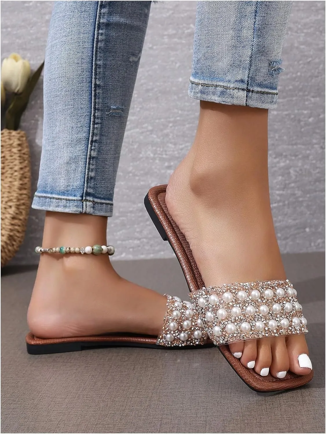 Women's Pearl Rhinestone Flat Sandals Leather Square Open Toe Slide Slippers