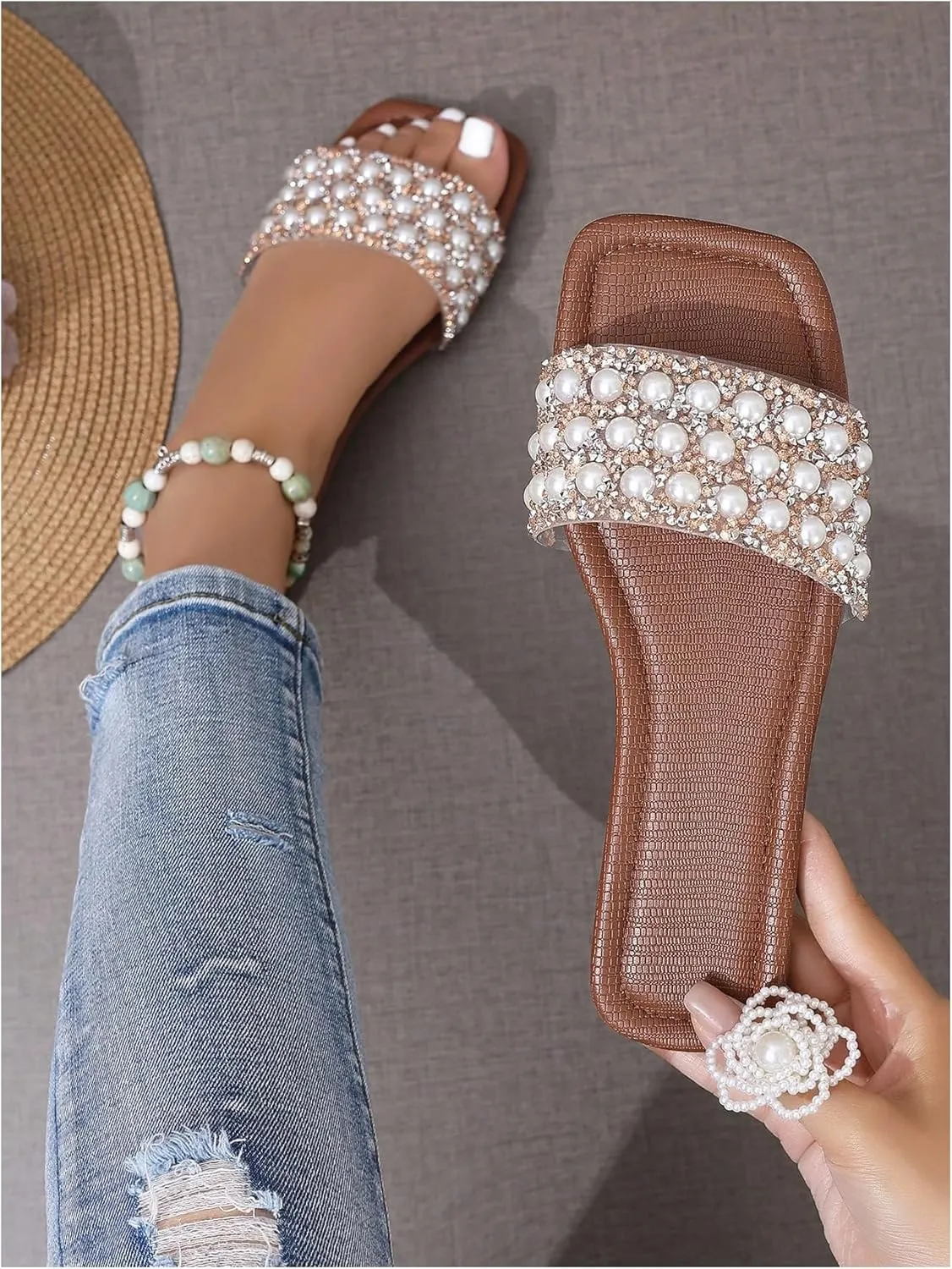 Women's Pearl Rhinestone Flat Sandals Leather Square Open Toe Slide Slippers