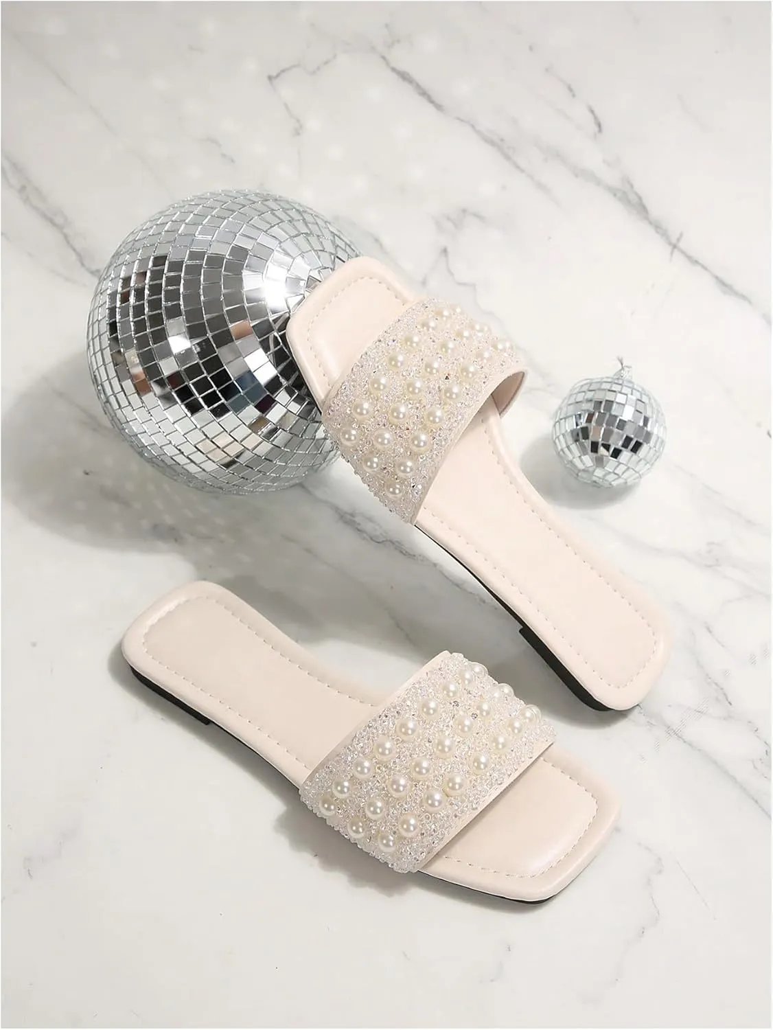 Women's Pearls Beaded Slippers PU Leather Square Open Toe Slip On Slide Sandals