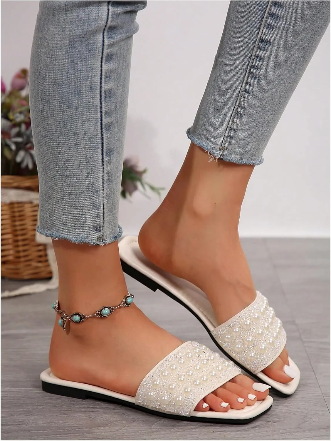 Women's Pearls Beaded Slippers PU Leather Square Open Toe Slip On Slide Sandals