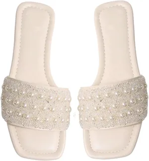 Women's Pearls Beaded Slippers PU Leather Square Open Toe Slip On Slide Sandals