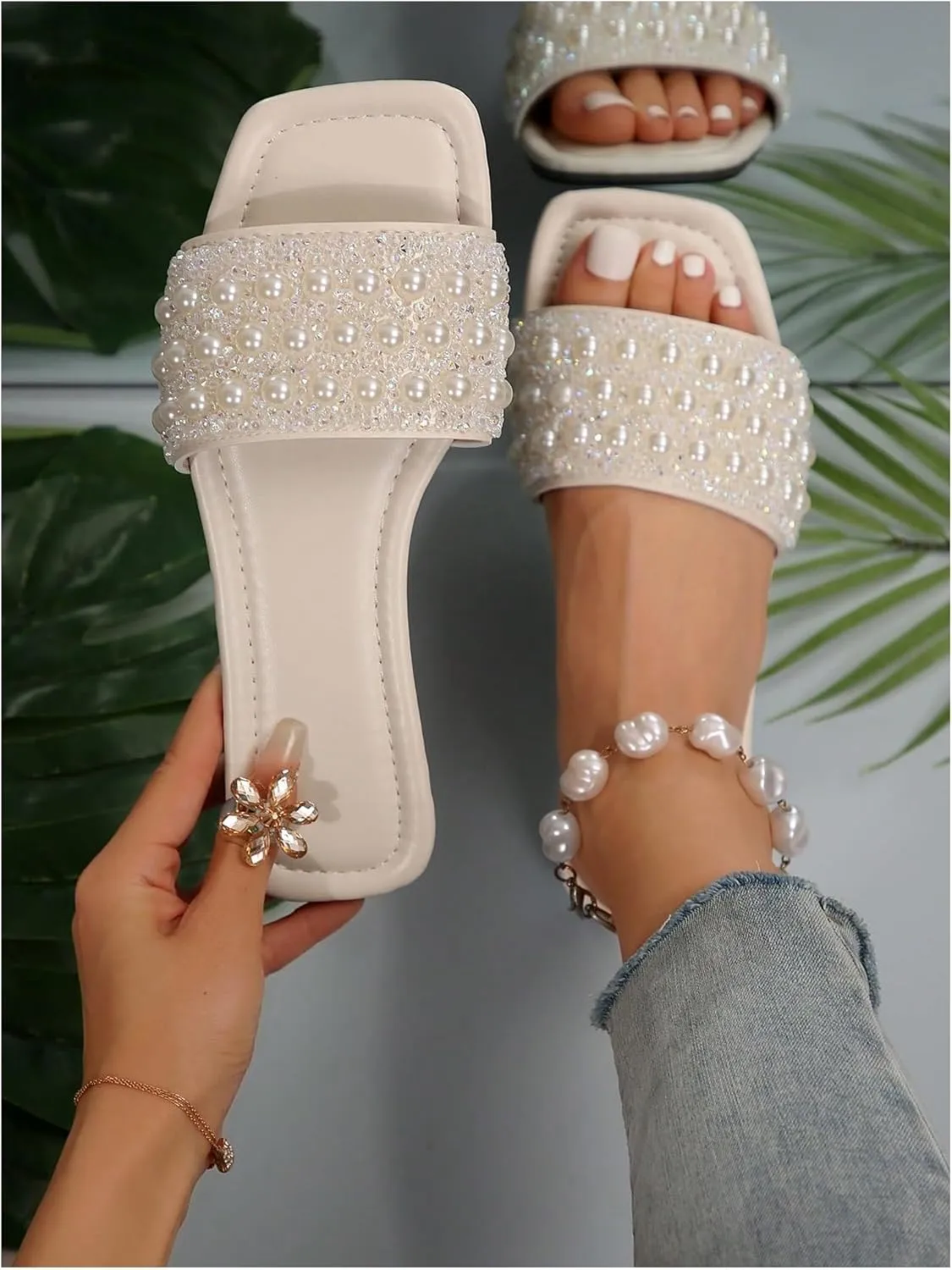 Women's Pearls Beaded Slippers PU Leather Square Open Toe Slip On Slide Sandals