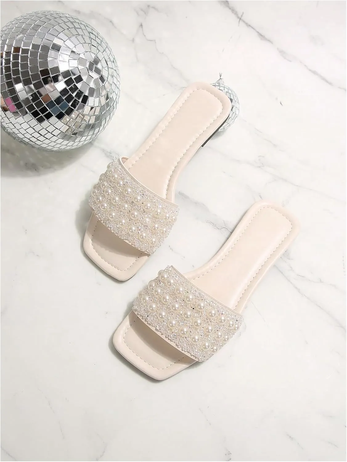 Women's Pearls Beaded Slippers PU Leather Square Open Toe Slip On Slide Sandals