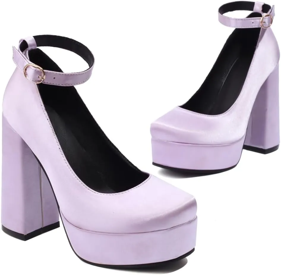 Women's Platform Chunky High Heels Pumps Shoes Square Toe Ankle Strap Elegant Mary Jane Dress Shoe