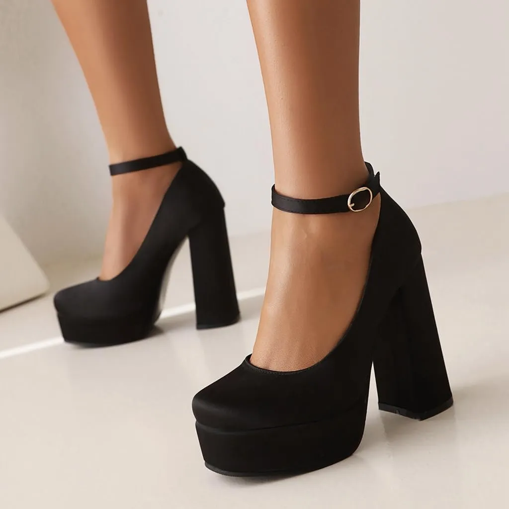Women's Platform Chunky High Heels Pumps Shoes Square Toe Ankle Strap Elegant Mary Jane Dress Shoe