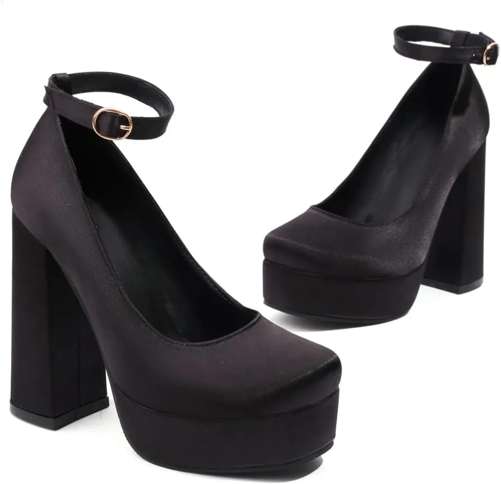Women's Platform Chunky High Heels Pumps Shoes Square Toe Ankle Strap Elegant Mary Jane Dress Shoe