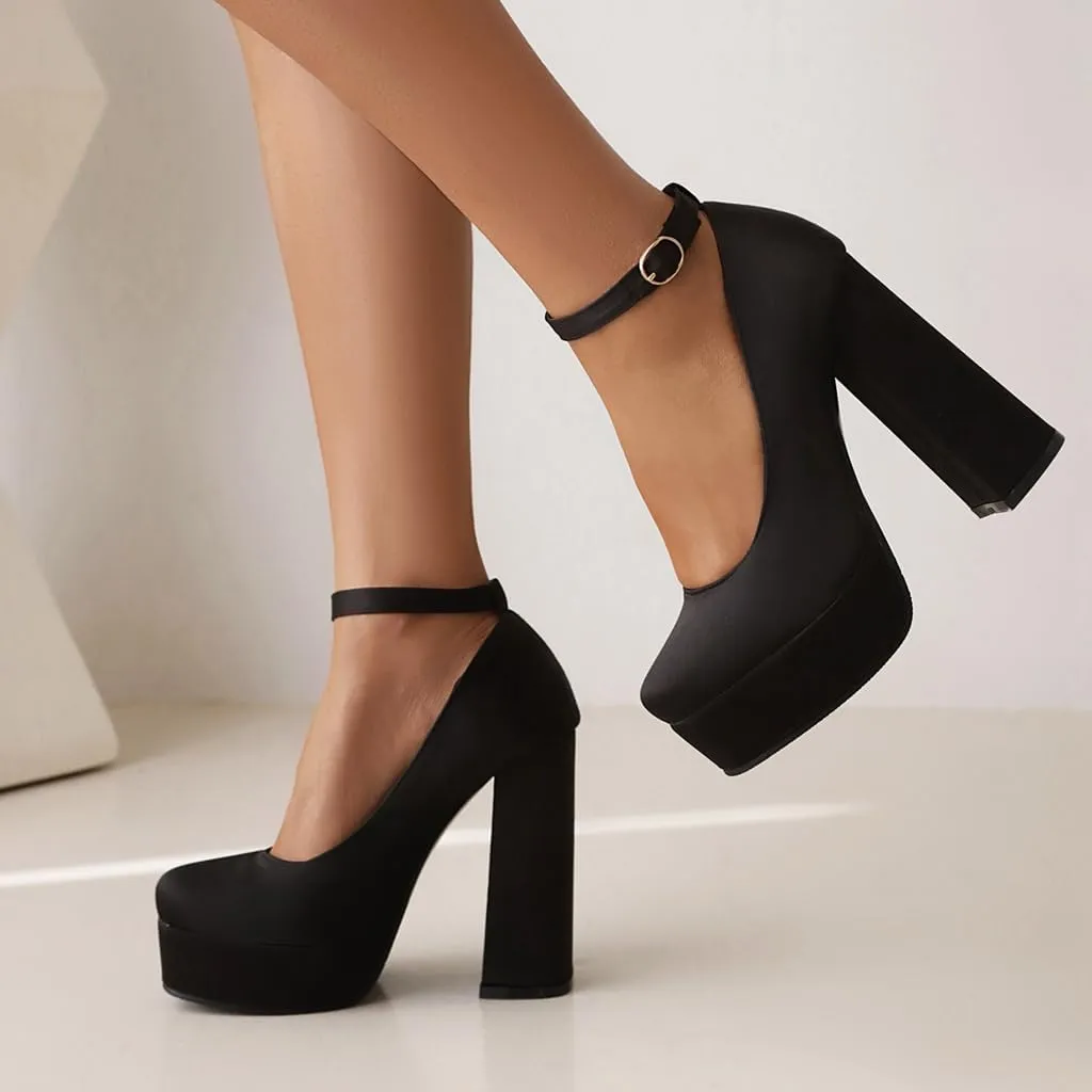 Women's Platform Chunky High Heels Pumps Shoes Square Toe Ankle Strap Elegant Mary Jane Dress Shoe