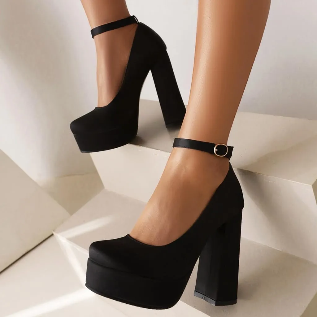 Women's Platform Chunky High Heels Pumps Shoes Square Toe Ankle Strap Elegant Mary Jane Dress Shoe