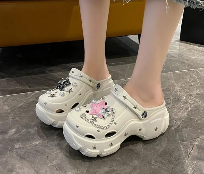 Women's Platform Clogs Slip On Slides Shoes Beach Sandals Gardener Clog Hight Heels Mule Slippers Garden Shoes DIY Accessories Sandals
