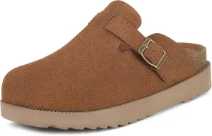 Women's Platform Suede Clogs Cork Footbed Potato Shoes Casual Slip On Platform Slippers Comfort Arch Support Leather Mules with Adjustable Buckle,Brown,US 7 Women=EU 38