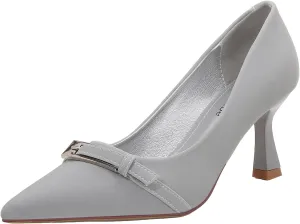 Women's Pointed Toe Mid Heel, Dress Pump with Metal Buckle Accent, All Day Comfort