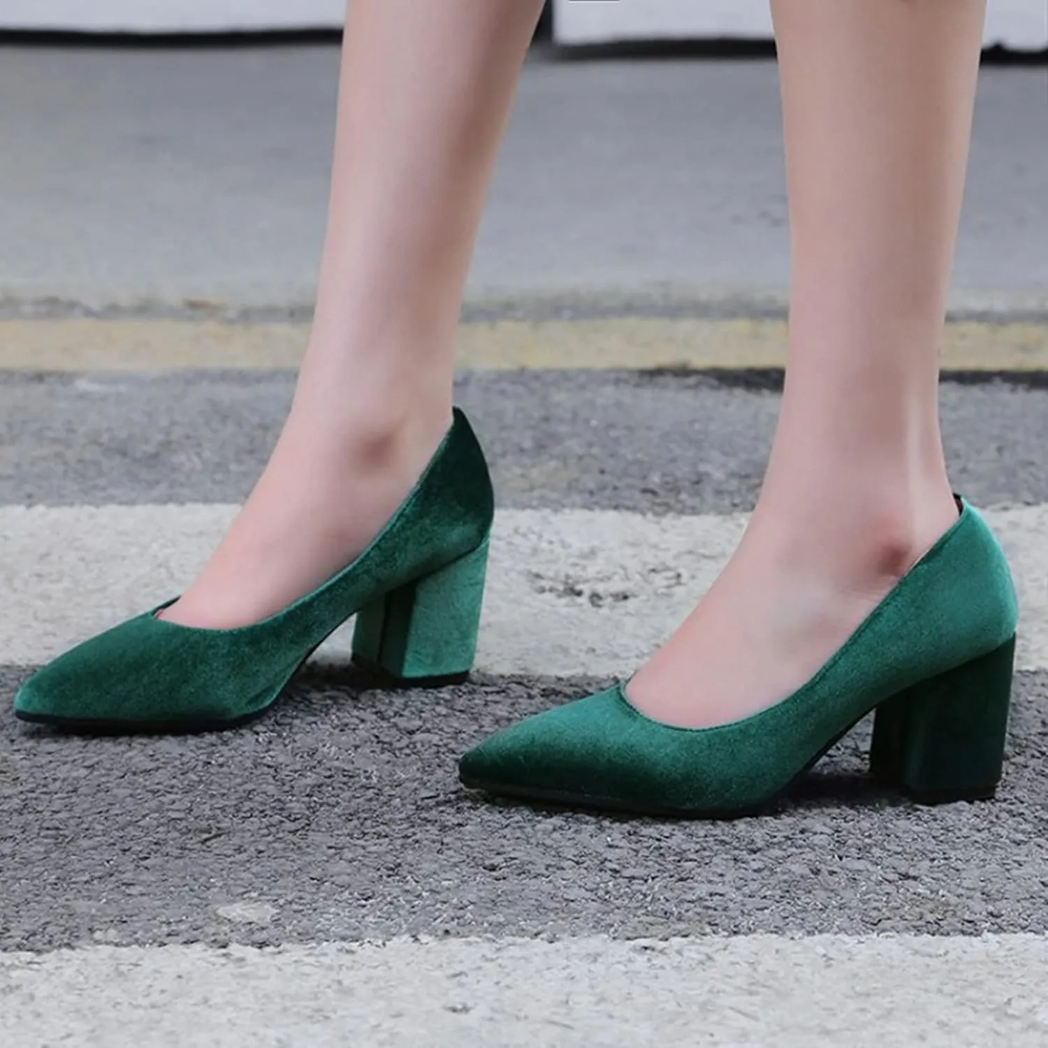 Womens Pointed Toe Slip On Pumps Chunky High Heel Casual Faux Suede Fashion Office Work Dress Shoes
