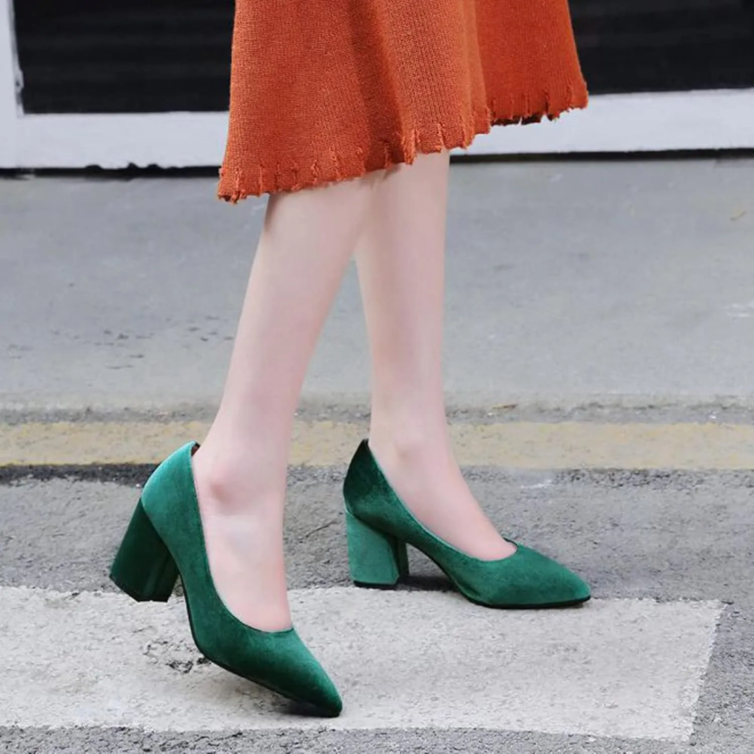 Womens Pointed Toe Slip On Pumps Chunky High Heel Casual Faux Suede Fashion Office Work Dress Shoes