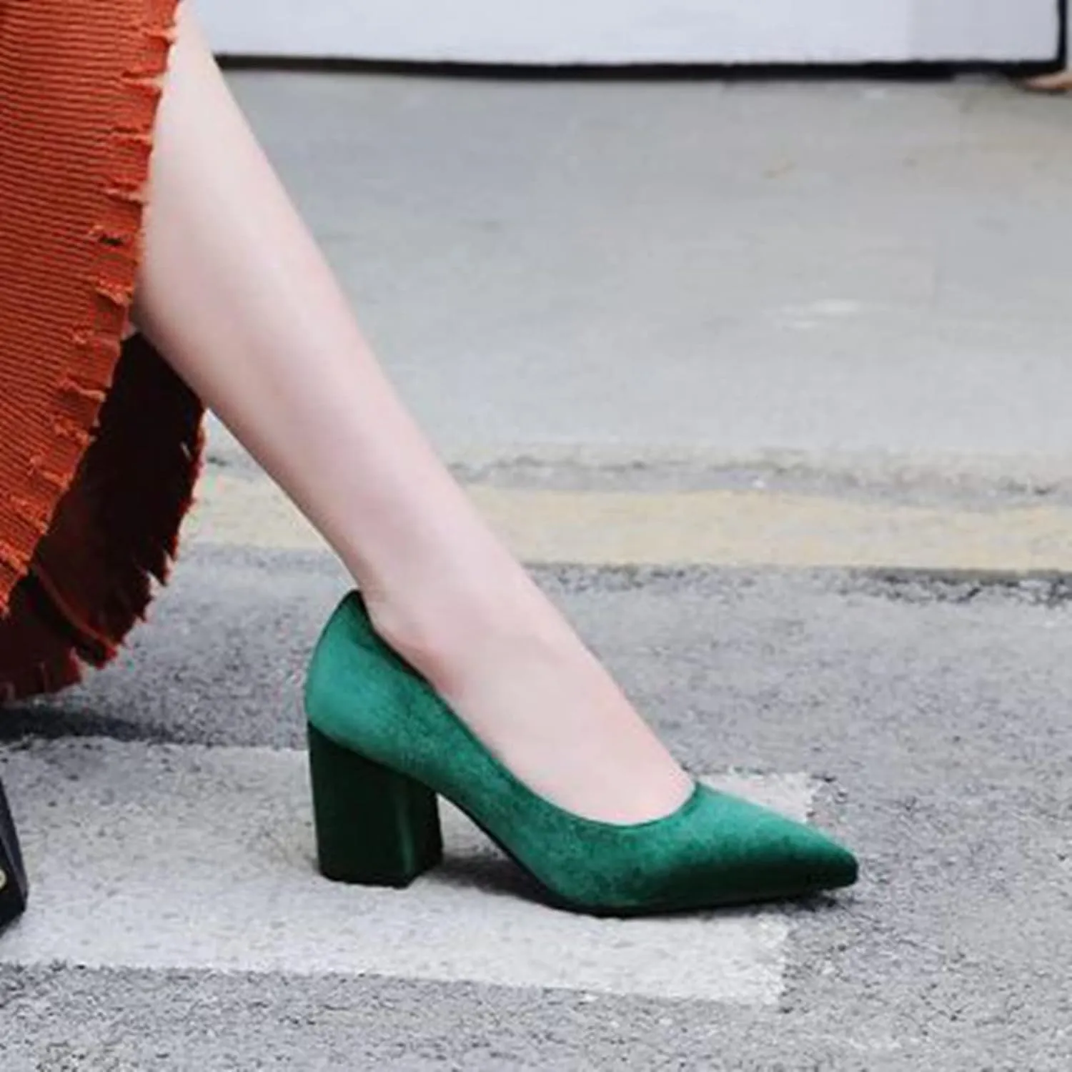 Womens Pointed Toe Slip On Pumps Chunky High Heel Casual Faux Suede Fashion Office Work Dress Shoes