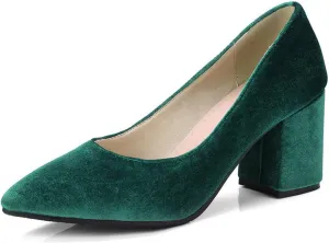 Womens Pointed Toe Slip On Pumps Chunky High Heel Casual Faux Suede Fashion Office Work Dress Shoes