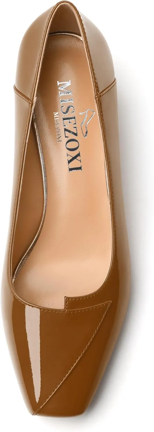 Womens Pumps, Low Chunky Block Heels for Women, Square Toe Womens Dress Shoes for Party and Office, Patent Dress Pumps