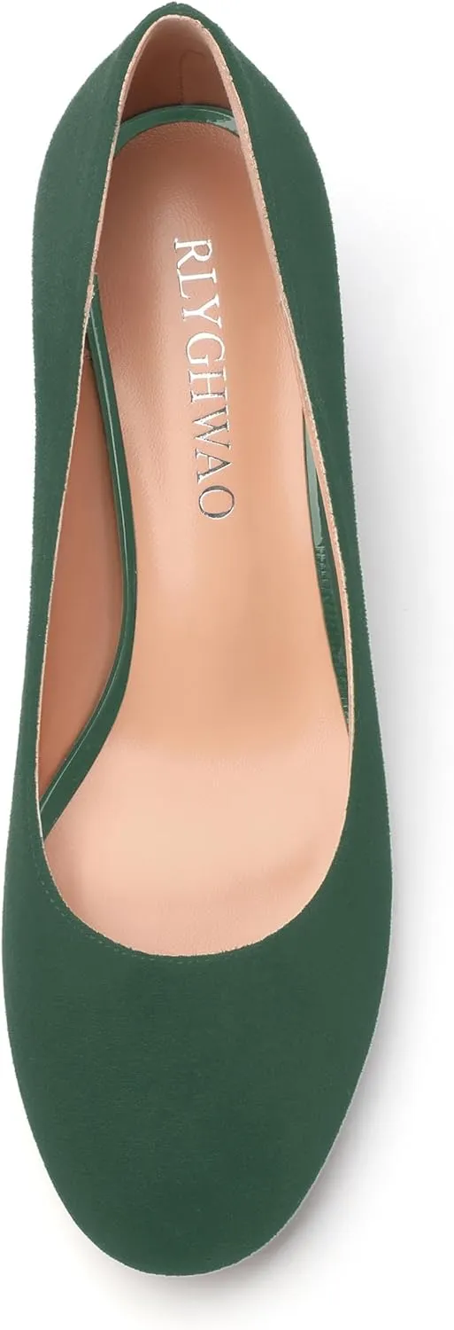 Women's Pumps, Round Closed Toe Low Chunky Heels, Fashion Slip On Comfort Solid Faux Suede Pump Shoes for Women